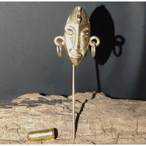Art Deco Tribal Face Mask Label Stick Pin Gold Tone Unique Dangle Design 2 Inch
